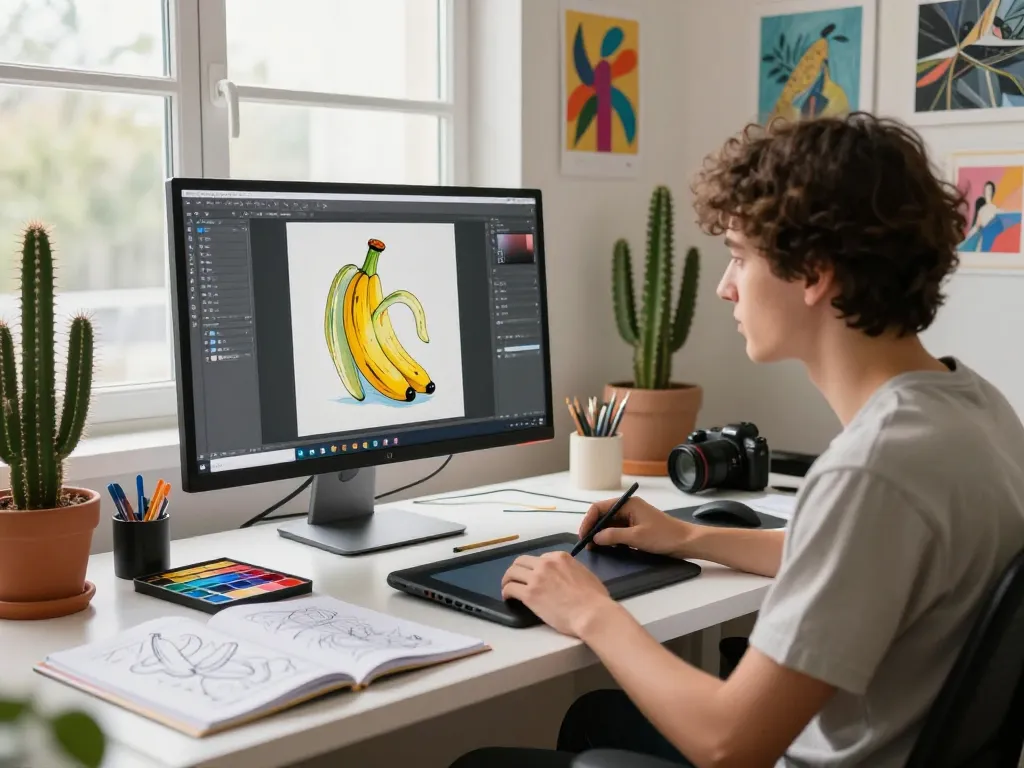 A young artist crafting AI-generated images with nano banana 2 in a bright digital art studio.