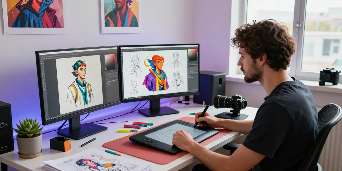 Creative artist designing NSFW AI characters in a vibrant digital art studio.