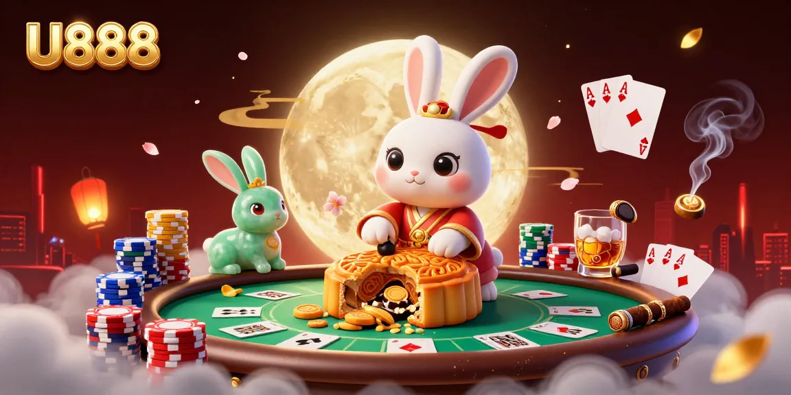 Engage with U888's dynamic casino scene featuring moon rabbits and poker chips.