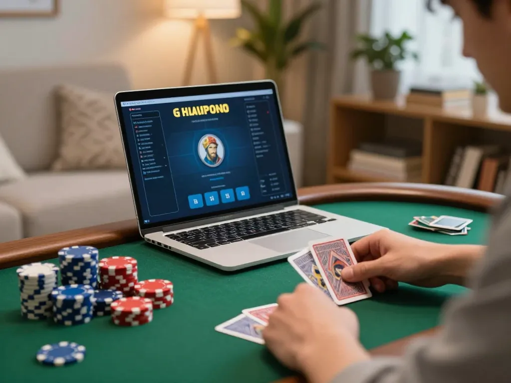Player strategizing during a bem88 online poker game at home, showcasing immersive gameplay.