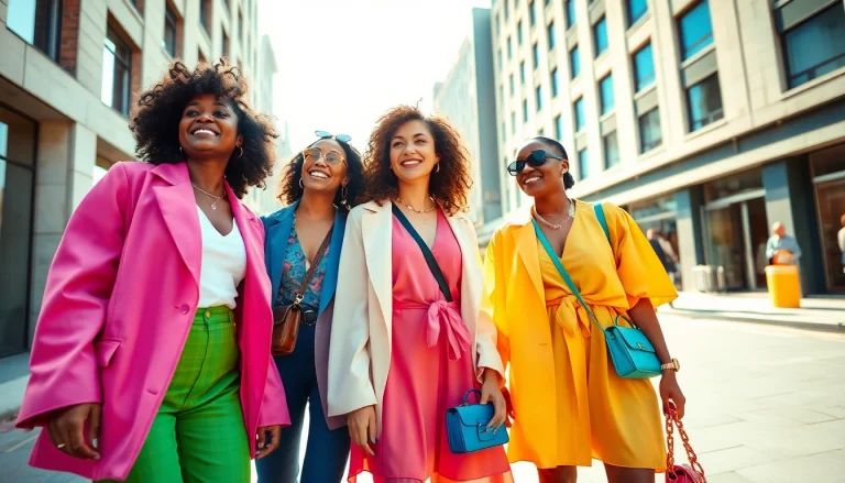 Diverse women showcasing stunning outfits in the latest Women Fashion trends in a vibrant urban setting.