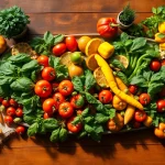 Showcase a vibrant arrangement of Healthy Food on a rustic table, highlighting fresh vegetables and fruits.