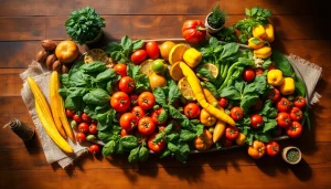 Showcase a vibrant arrangement of Healthy Food on a rustic table, highlighting fresh vegetables and fruits.