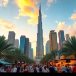 Experience the breathtaking skyline as you travel to Dubai, featuring the iconic Burj Khalifa at sunset.