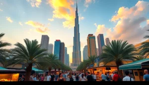 Experience the breathtaking skyline as you travel to Dubai, featuring the iconic Burj Khalifa at sunset.