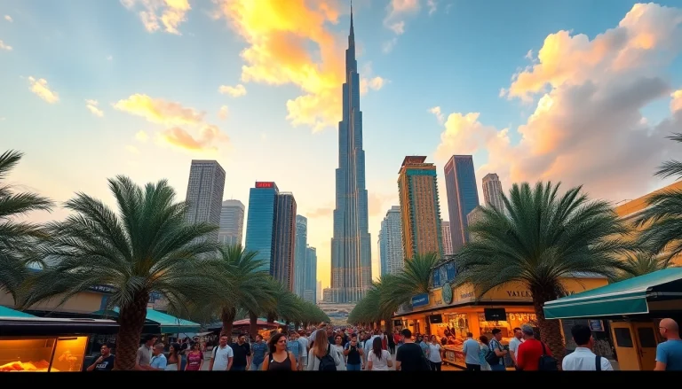 Experience the breathtaking skyline as you travel to Dubai, featuring the iconic Burj Khalifa at sunset.