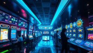 Experience new technology in a futuristic casino setting with digital interactions.