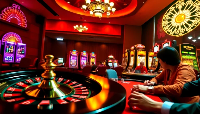 Players enjoying a thrilling night at BET888 casino with roulette wheel and poker chips.