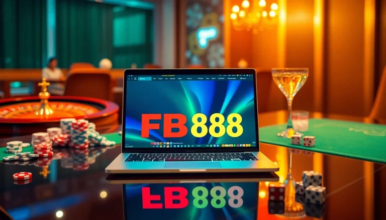 The interface of Thể Thao FB88 showcasing vibrant online betting features amidst poker chips and roulette wheels, presenting a lively gambling scene.