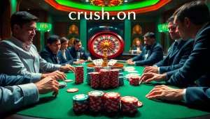 Engage in a high-stakes poker game featuring crush.on ai, vibrant chips, and excitement.