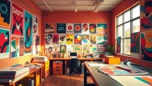 Showcase vibrant poster printing in a creative studio filled with colorful designs.