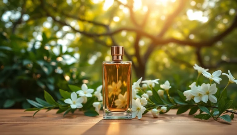 Musk fragrance bottle displayed elegantly among greenery and flowers, showcasing nature-inspired luxury.
