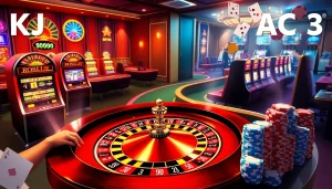 A thrilling casino atmosphere showcasing KJC AC 3 with poker chips, cards, and a roulette table emphasizing the excitement of gambling.