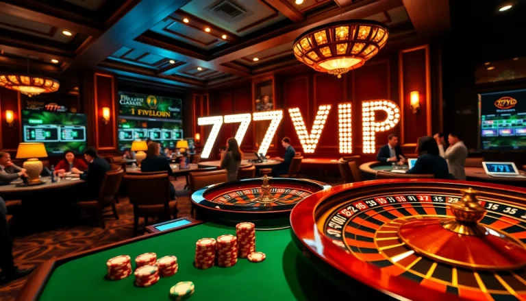 Engaging casino scene featuring 777VIP roulette, poker chips, and vibrant gambling ambiance.