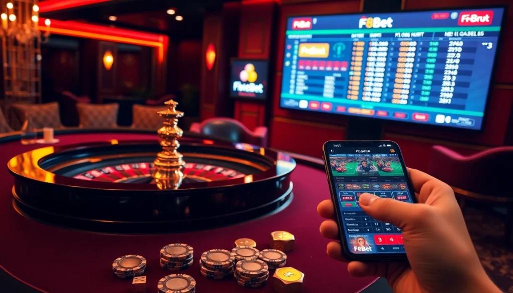 Experience thrilling gambling at F8Bet with upscale casino tables, vibrant chips, and live betting displays.