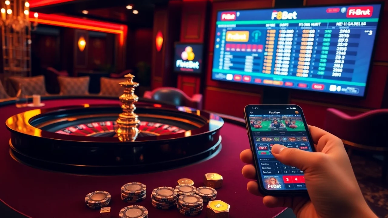 Experience thrilling gambling at F8Bet with upscale casino tables, vibrant chips, and live betting displays.