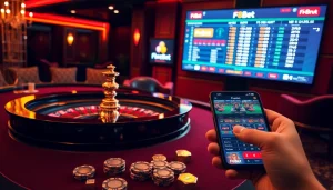 Experience thrilling gambling at F8Bet with upscale casino tables, vibrant chips, and live betting displays.