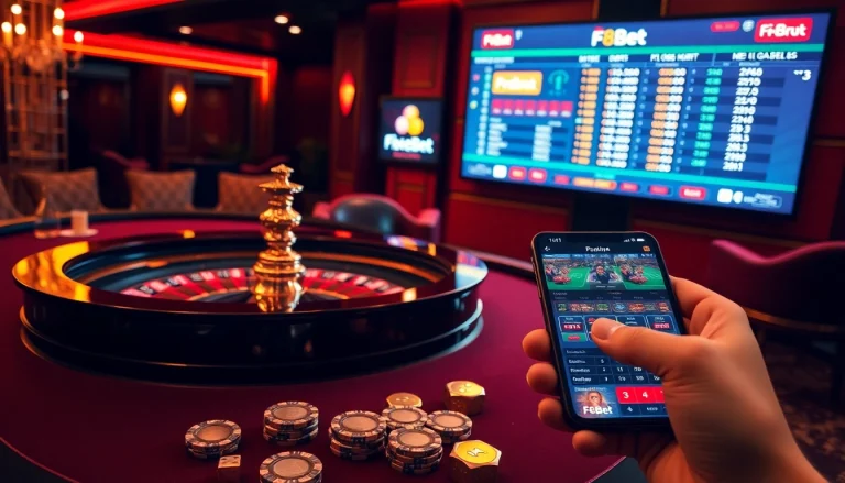 Experience thrilling gambling at F8Bet with upscale casino tables, vibrant chips, and live betting displays.