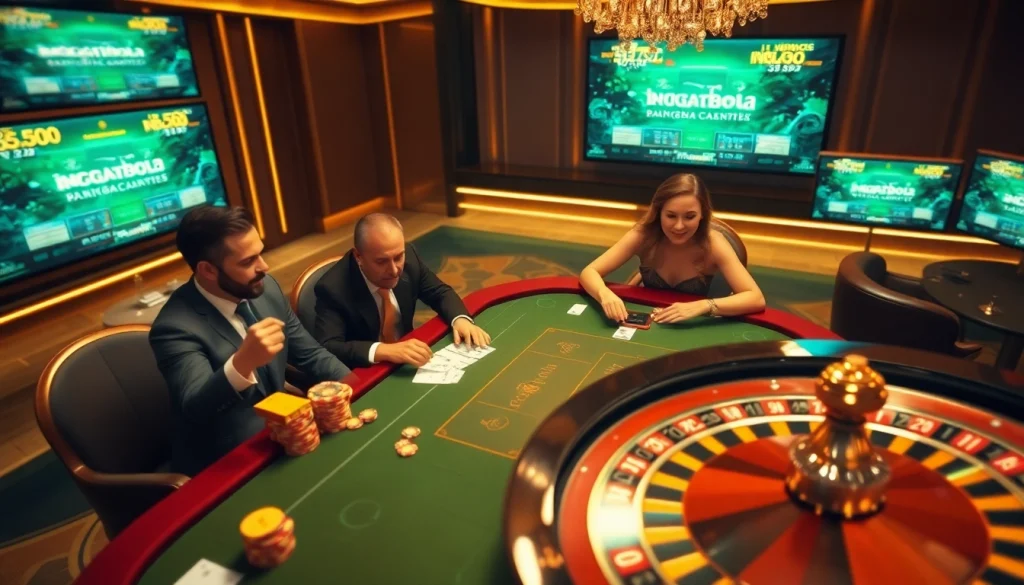 Experience high-stakes excitement at ingatbola with a vibrant casino setup featuring poker and roulette.