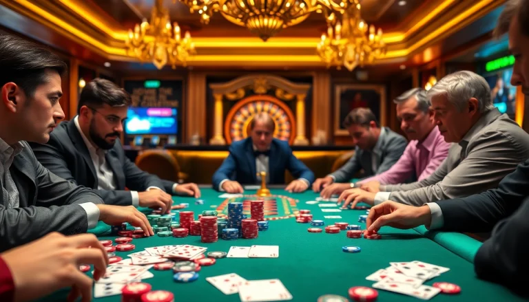 Players strategizing at a poker table in a luxurious setting with 888b-themed elements.