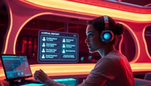 AI sex virtual assistant interface showcasing engaging conversation options in a futuristic, intimate setting.