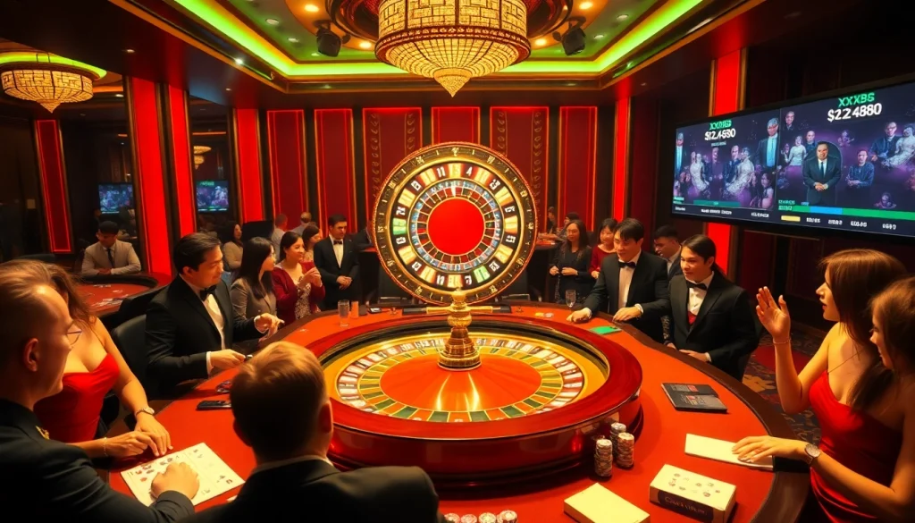 Experience the thrill of xx88 casino with players betting at a luxurious roulette table.
