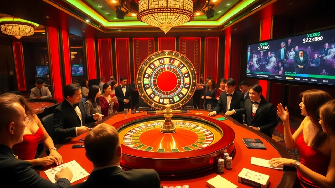 Experience the thrill of xx88 casino with players betting at a luxurious roulette table.