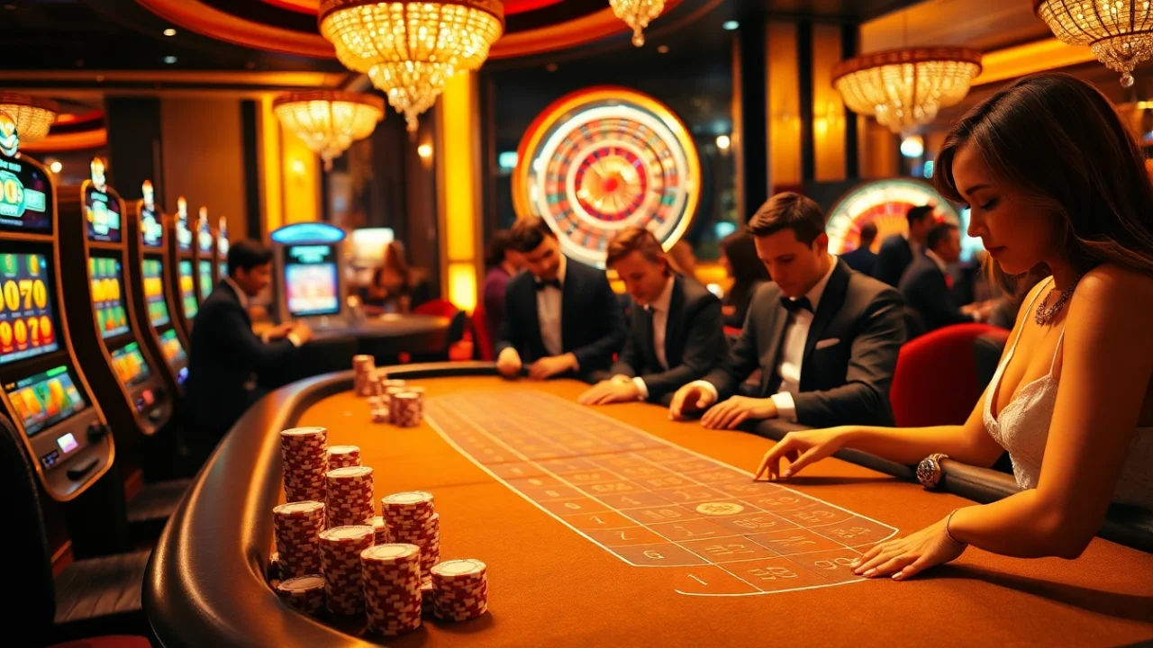 Engaged players enjoy a thrilling GO8 baccarat game amidst vibrant casino lights and luxury decor.