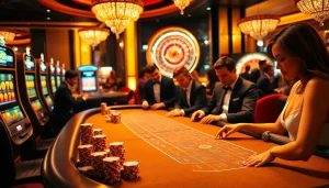 Engaged players enjoy a thrilling GO8 baccarat game amidst vibrant casino lights and luxury decor.