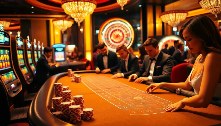 Engaged players enjoy a thrilling GO8 baccarat game amidst vibrant casino lights and luxury decor.