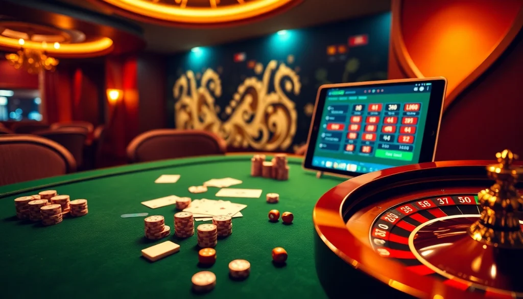 Casino gaming table with poker chips and cards representing Trang chủ F8bet's exciting online gambling experience.