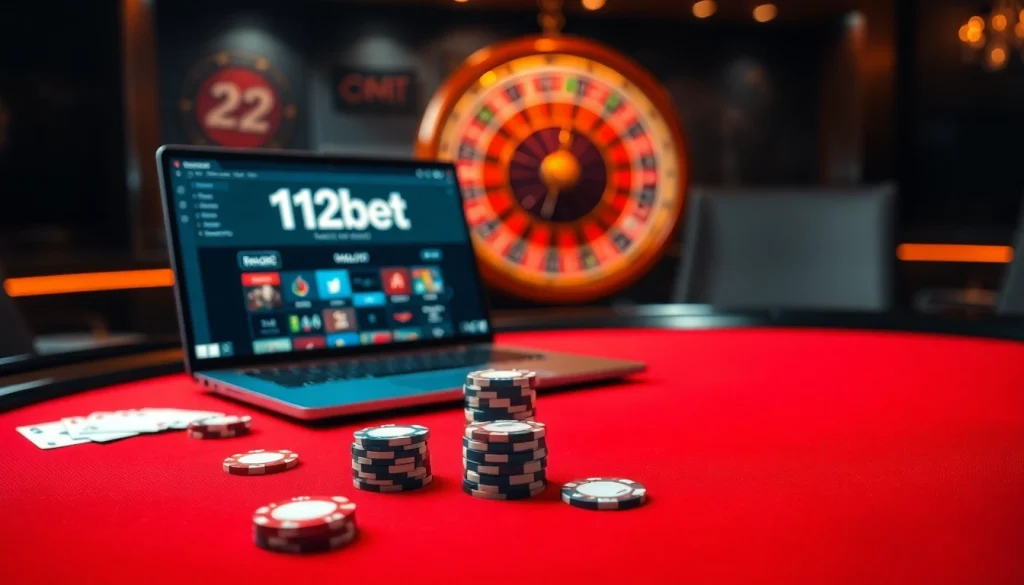 12bet engaging gambling table with poker chips, cards, and a laptop displaying betting interface.