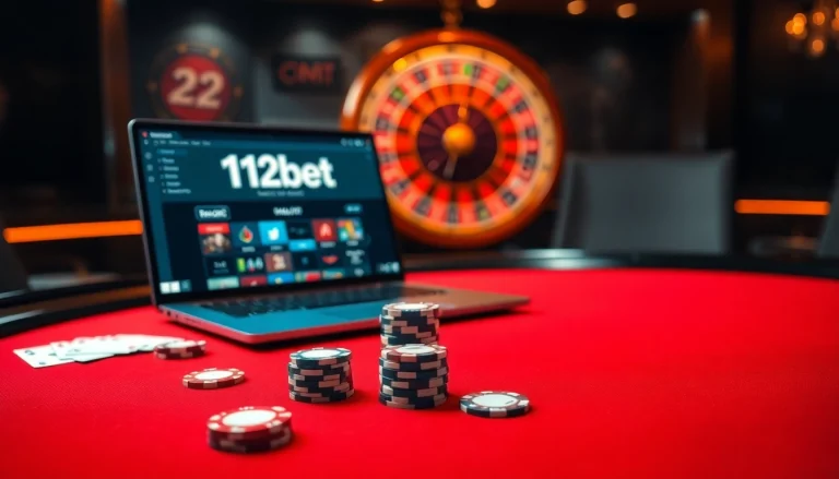 12bet engaging gambling table with poker chips, cards, and a laptop displaying betting interface.