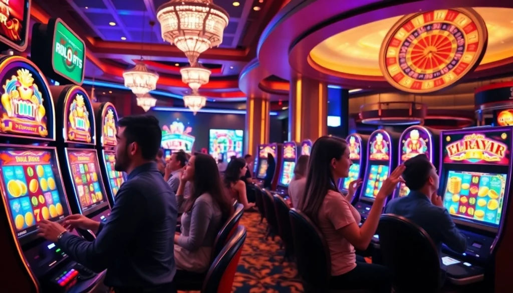 A dynamic casino scene featuring Slot Terpercaya, with players enjoying vibrant slot machines and a roulette wheel.