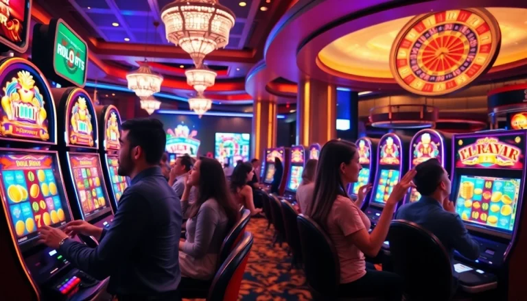 A dynamic casino scene featuring Slot Terpercaya, with players enjoying vibrant slot machines and a roulette wheel.