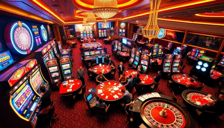 Players engage in thrilling games at https://f168biz.com/ casino, featuring vibrant slot machines and poker tables.