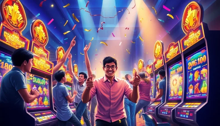 Excited players enjoying the hoki138 pro online slot gaming experience with colorful slot machines.