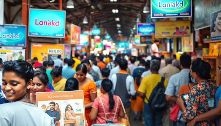 Lanka Add advertisements featured in a vibrant Sri Lankan marketplace with locals engaging actively.