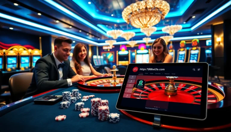 Exciting casino scene featuring gambling tables and slot machines at https://789bet7a.com/ with players engaged in high-stakes action.