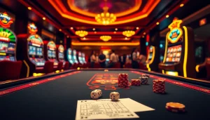 Engaging casino moment featuring a stylish table setup at https://xx88.boats/ with vibrant slot machines and poker chips.