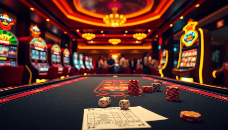 Engaging casino moment featuring a stylish table setup at https://xx88.boats/ with vibrant slot machines and poker chips.