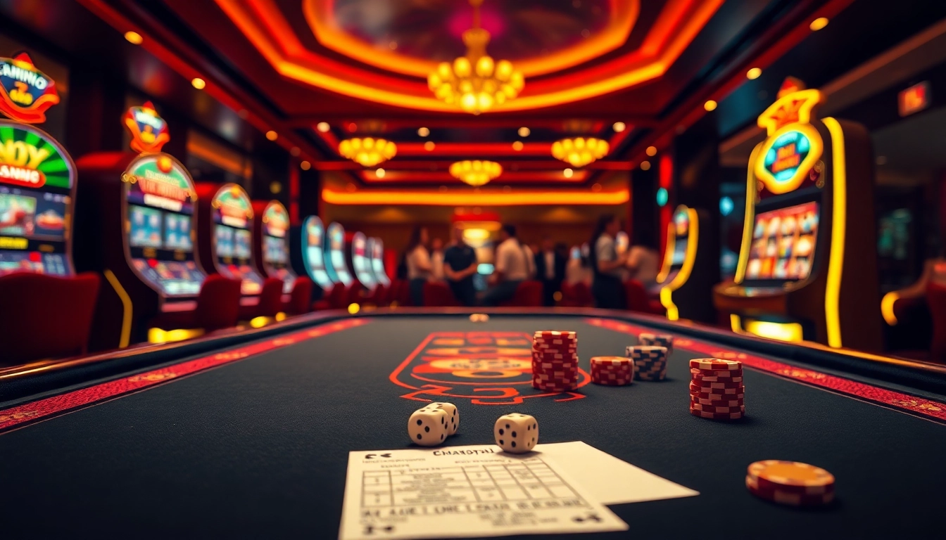 Engaging casino moment featuring a stylish table setup at https://xx88.boats/ with vibrant slot machines and poker chips.