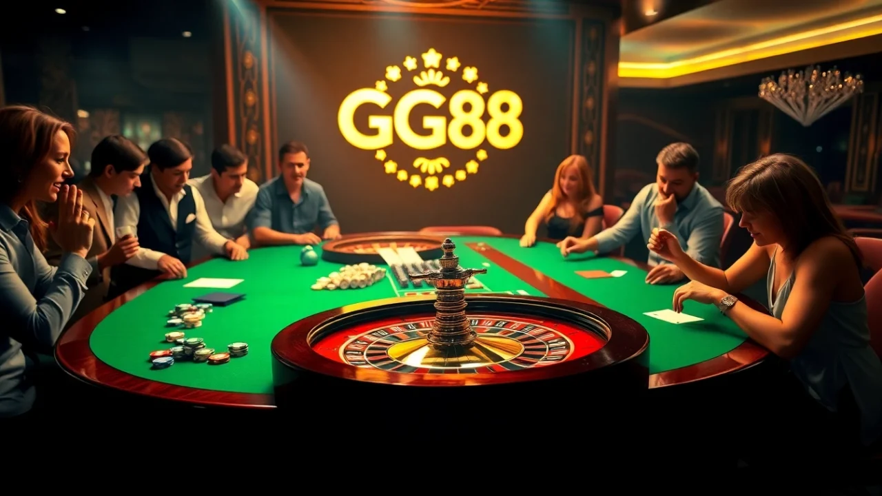 Exciting GG88 casino scene with roulette, poker chips, and players engaged in gaming.
