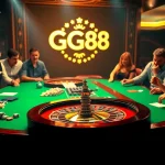 Exciting GG88 casino scene with roulette, poker chips, and players engaged in gaming.
