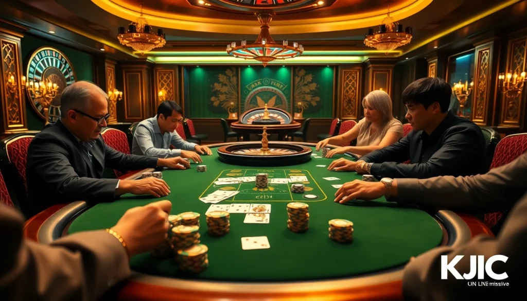 Experience the thrilling poker action at Liên minh quốc tế KJC with vibrant chips and well-fanned cards.