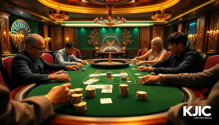 Experience the thrilling poker action at Liên minh quốc tế KJC with vibrant chips and well-fanned cards.