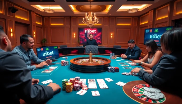 The excitement of gambling at nhà cái usbet with poker chips, roulette, and online gaming screens.