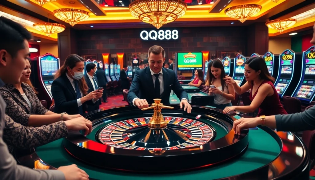 Players enjoying high-stakes roulette at a luxurious QQ888 casino.