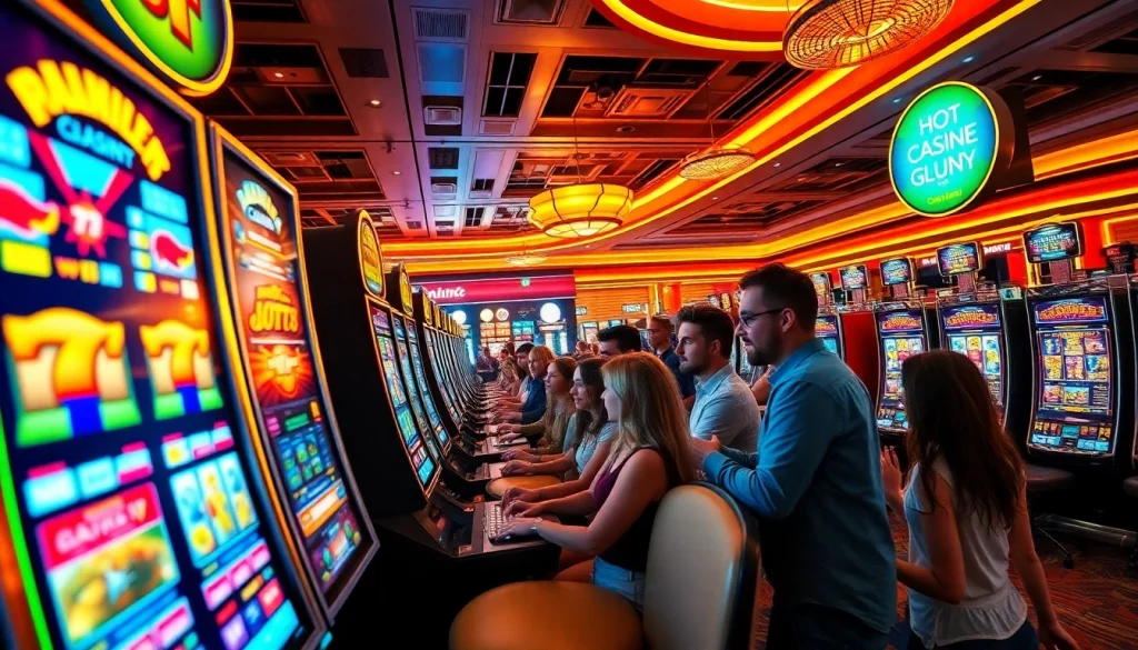 Exciting doaslot machine gameplay scene in a vibrant casino atmosphere.