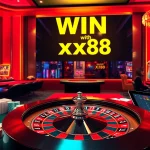 Experience thrilling wins at xx88 with a luxurious casino setting featuring roulette and poker action.